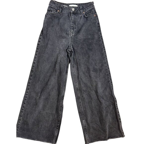 MNG Denim Womens High Rise Wide Leg Frayed Hem Jeans in Black Size 1 - Picture 1 of 7